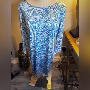 Tango Mango Blue and White Patterned Long Sleeve Dress Medium